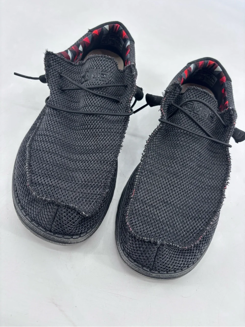 Hey Dude Wally Stretch Mesh Sox Jet Black Plaid Slip On Chukka Loafers Size 13